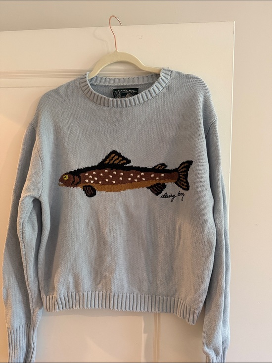 Dairy Boy Sweaters - Daisy Boy Light Blue Crewneck Sweater with Fish Motif